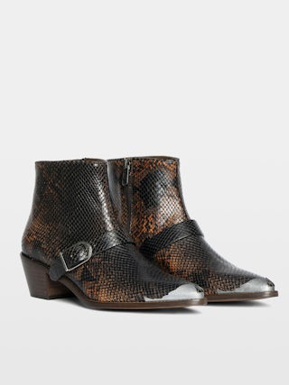 Tylow Wild Mirror Ankle Boots - Bi-colour leather ankle boots with python effect adorned with signature buckles and metallic wing-shaped studs.