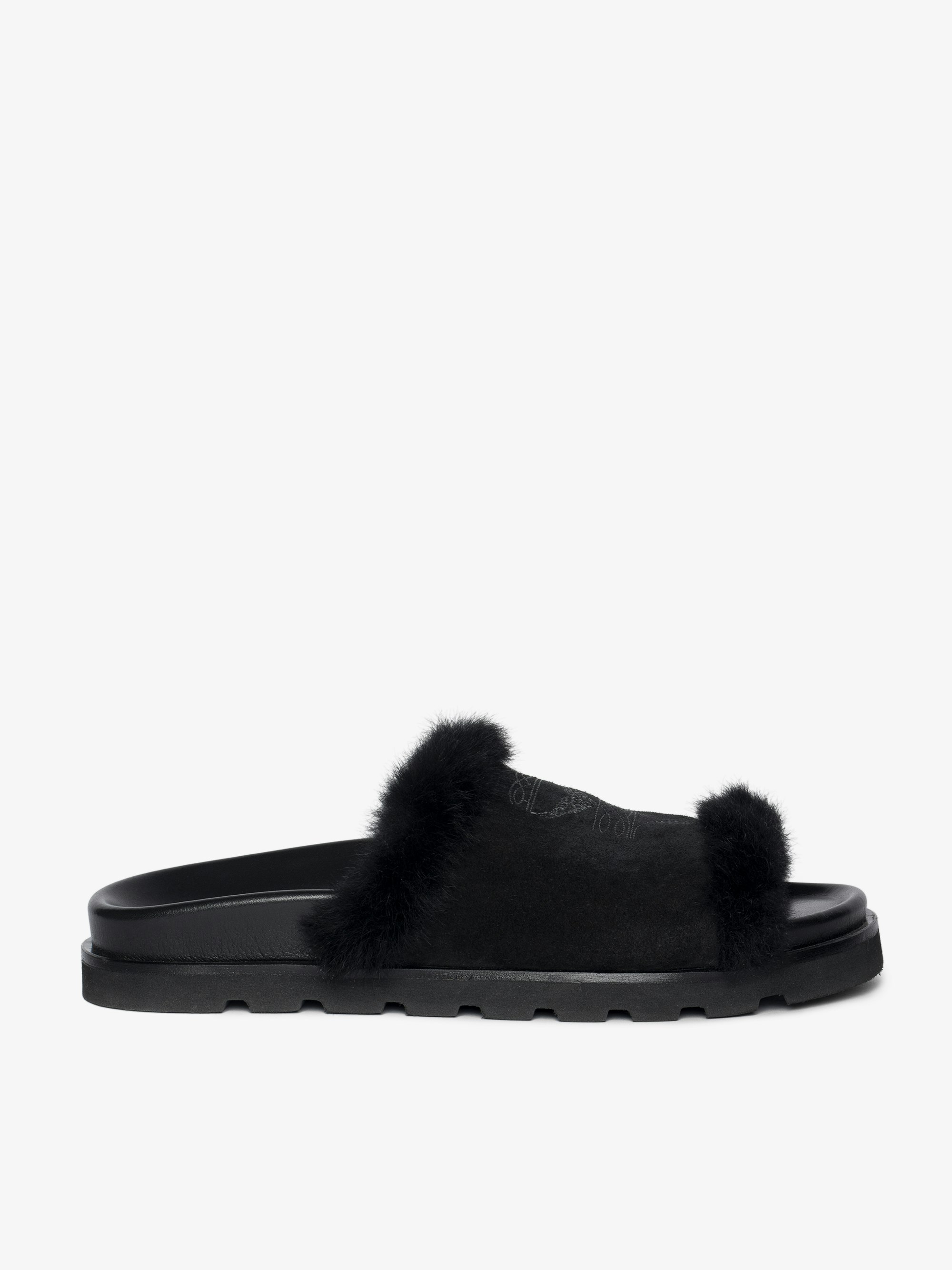 Mules Teddy Shearling - Mules ouvertes en suède et shearling ornées de broderies signées et dotées de semelles anatomiques confortables.