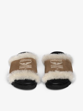 Teddy Shearling Mules - Open mules in suede and shearling adorned with signature embroideries and featuring comfortable anatomical soles.