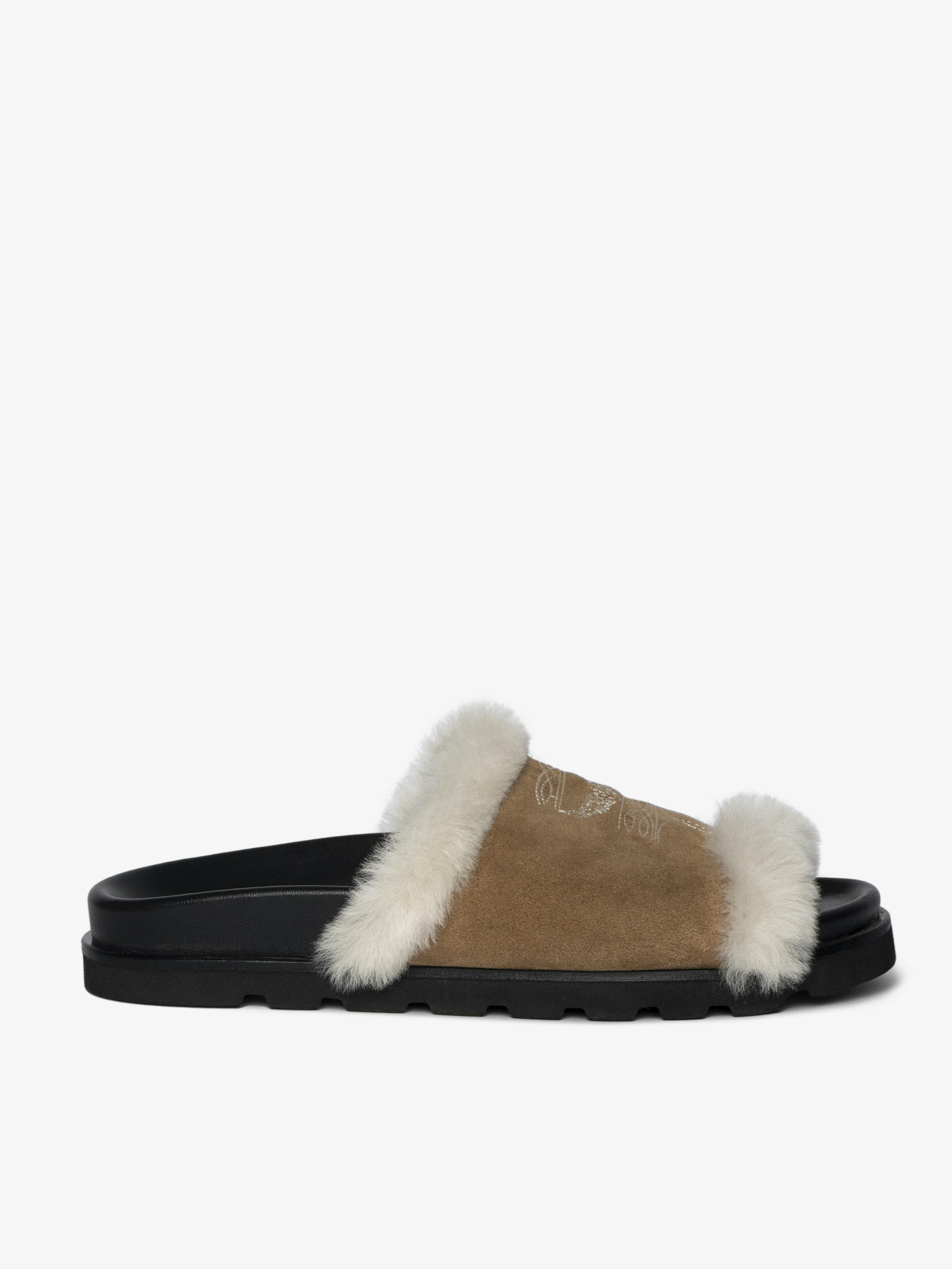 Mules Teddy Shearling - Mules ouvertes en suède et shearling ornées de broderies signées et dotées de semelles anatomiques confortables.