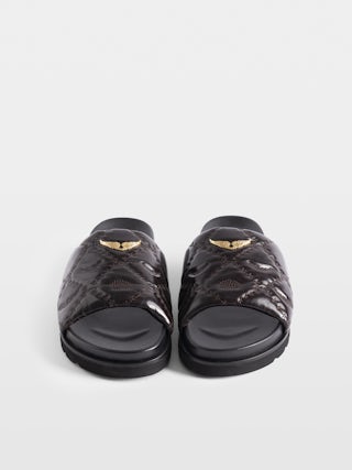 Mules Teddy Bare Vintage - Open-toe mules in padded, embroidered leather, adorned with a metallic wing.