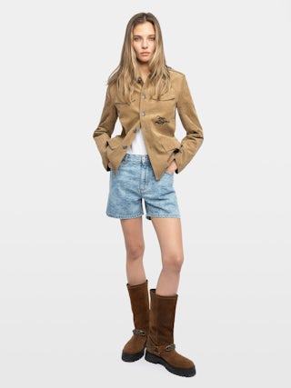 Bottes Angie Suede - Bottes en cuir gras d'inspiration biker à harnais ornées d'une plaque gourmette.