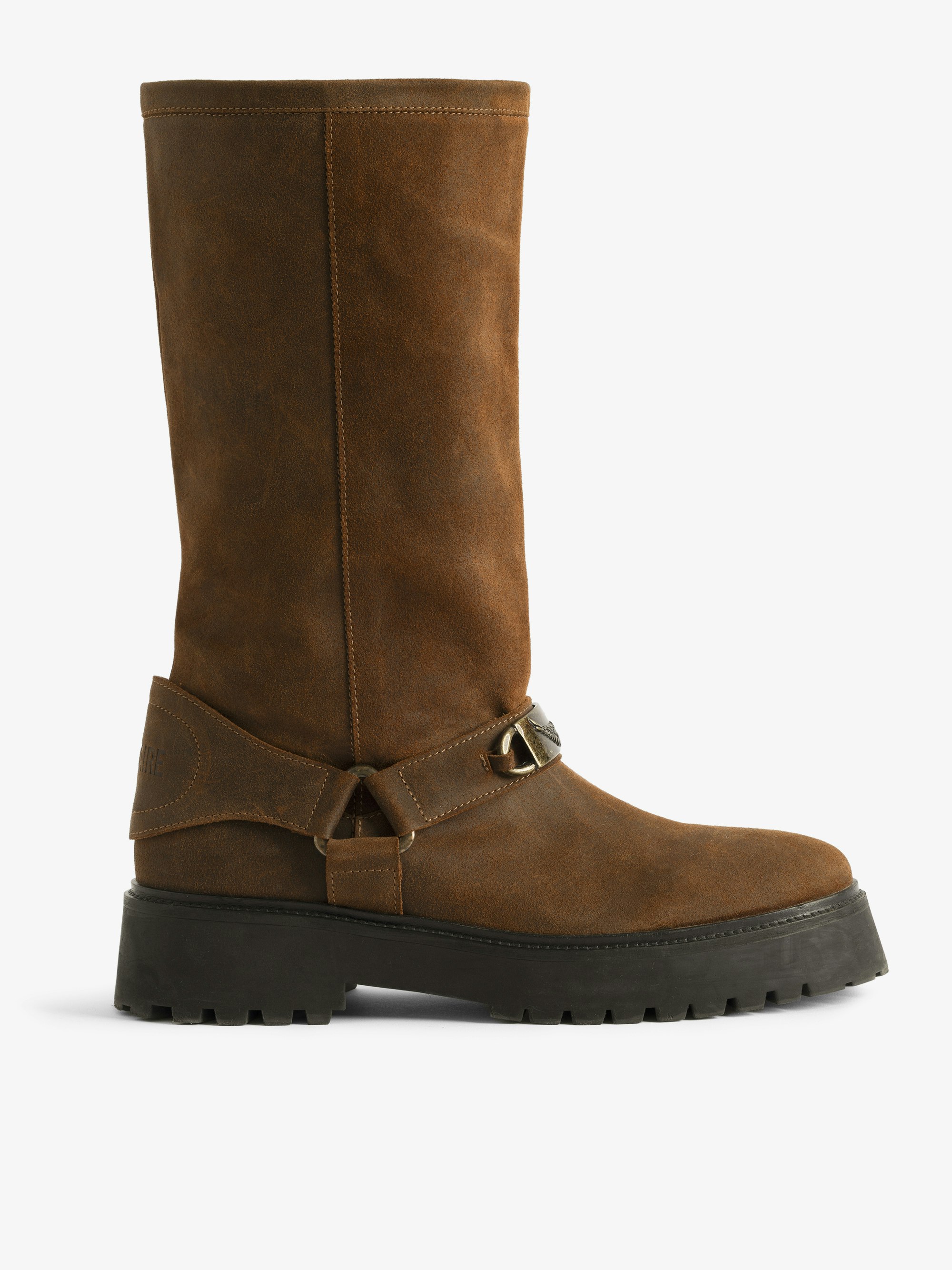 Bottes Angie Suede - Bottes en cuir gras d'inspiration biker à harnais ornées d'une plaque gourmette.