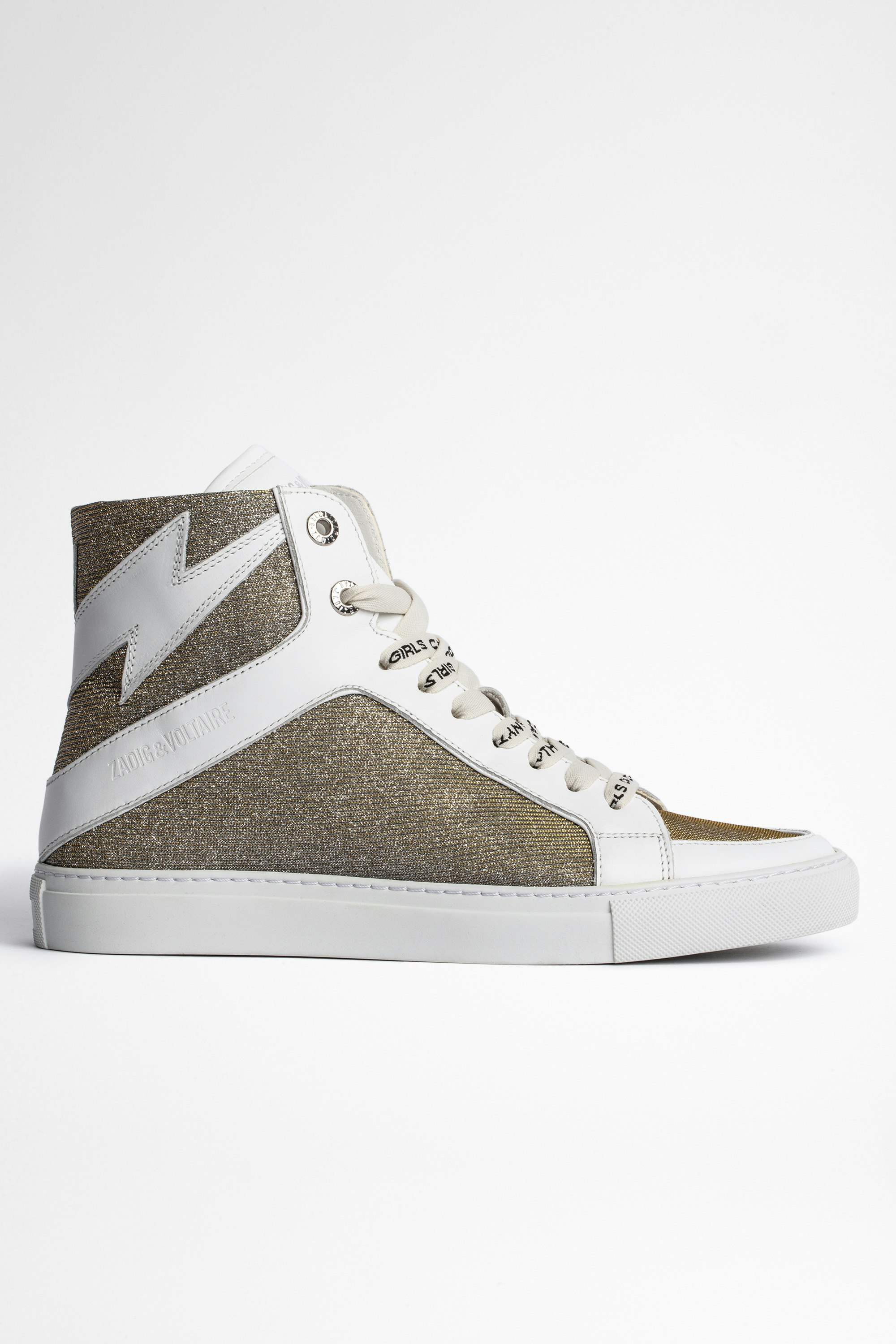 ZV1747 High Flash Sneakers Women's high-top sneakers in smooth white leather and silver glittery fabric
