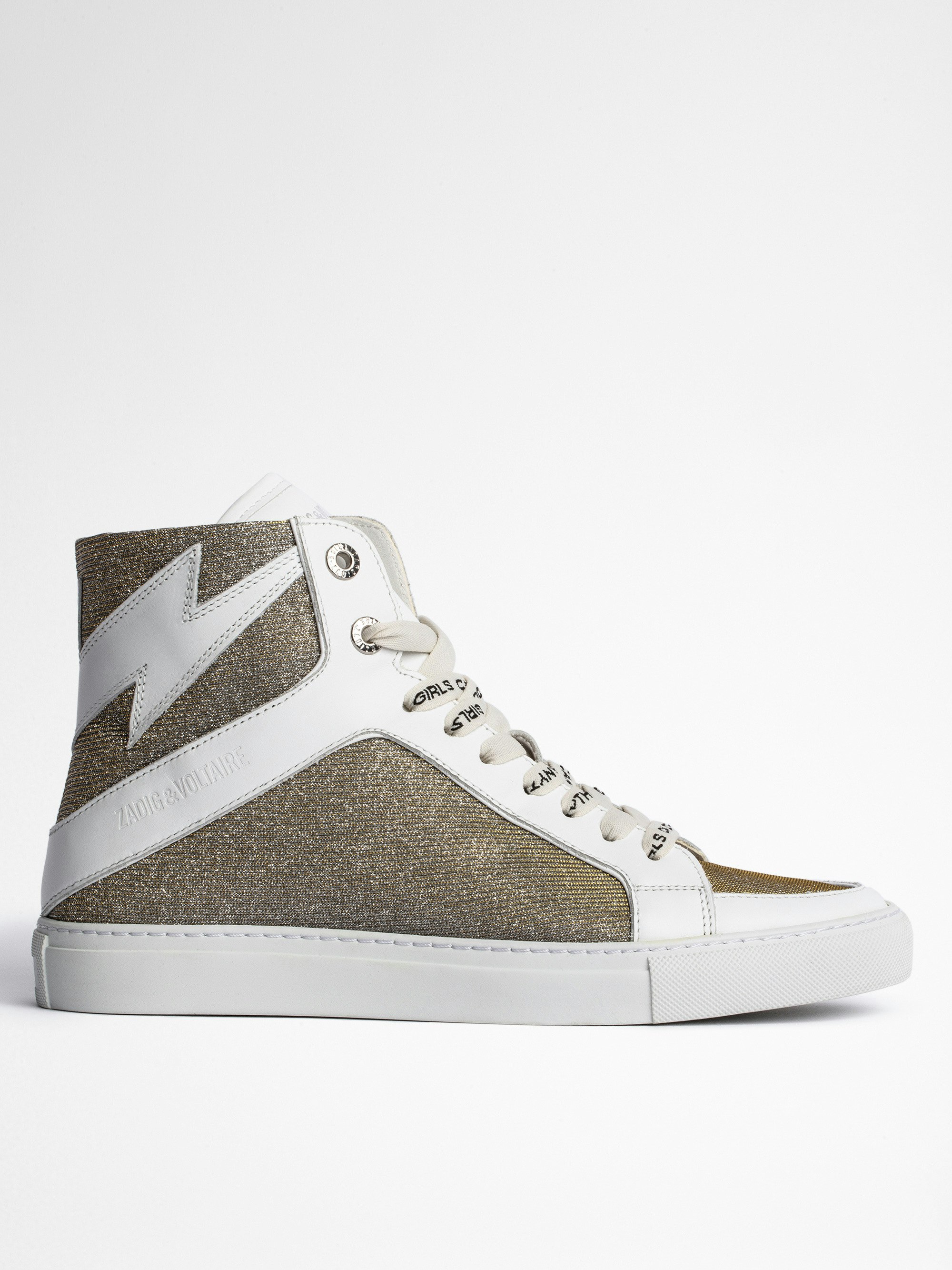 Sneaker ZV1747 High Flash - Sneakers alte in pelle liscia bianca e tessuto glitterato argento, donna