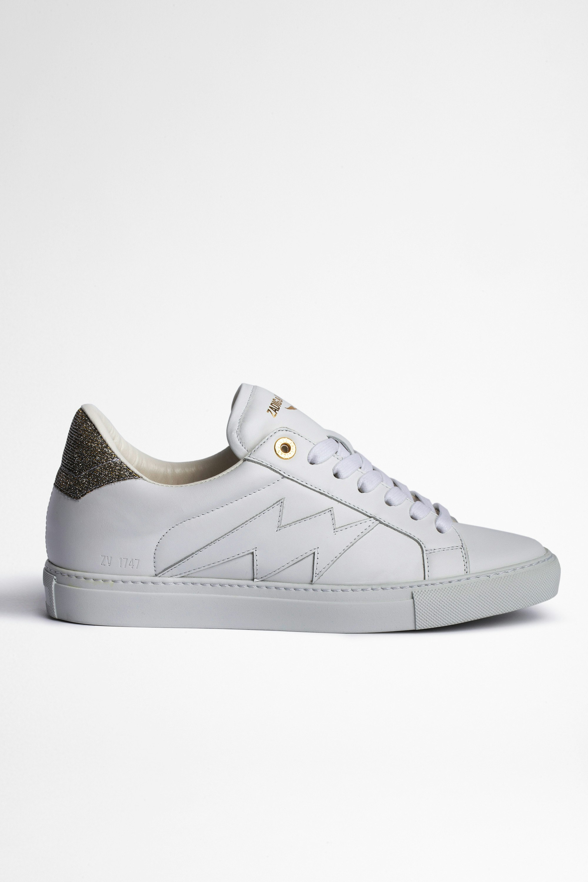ZV1747 レザースニーカー Women's smooth white leather trainers with glitter patch on back