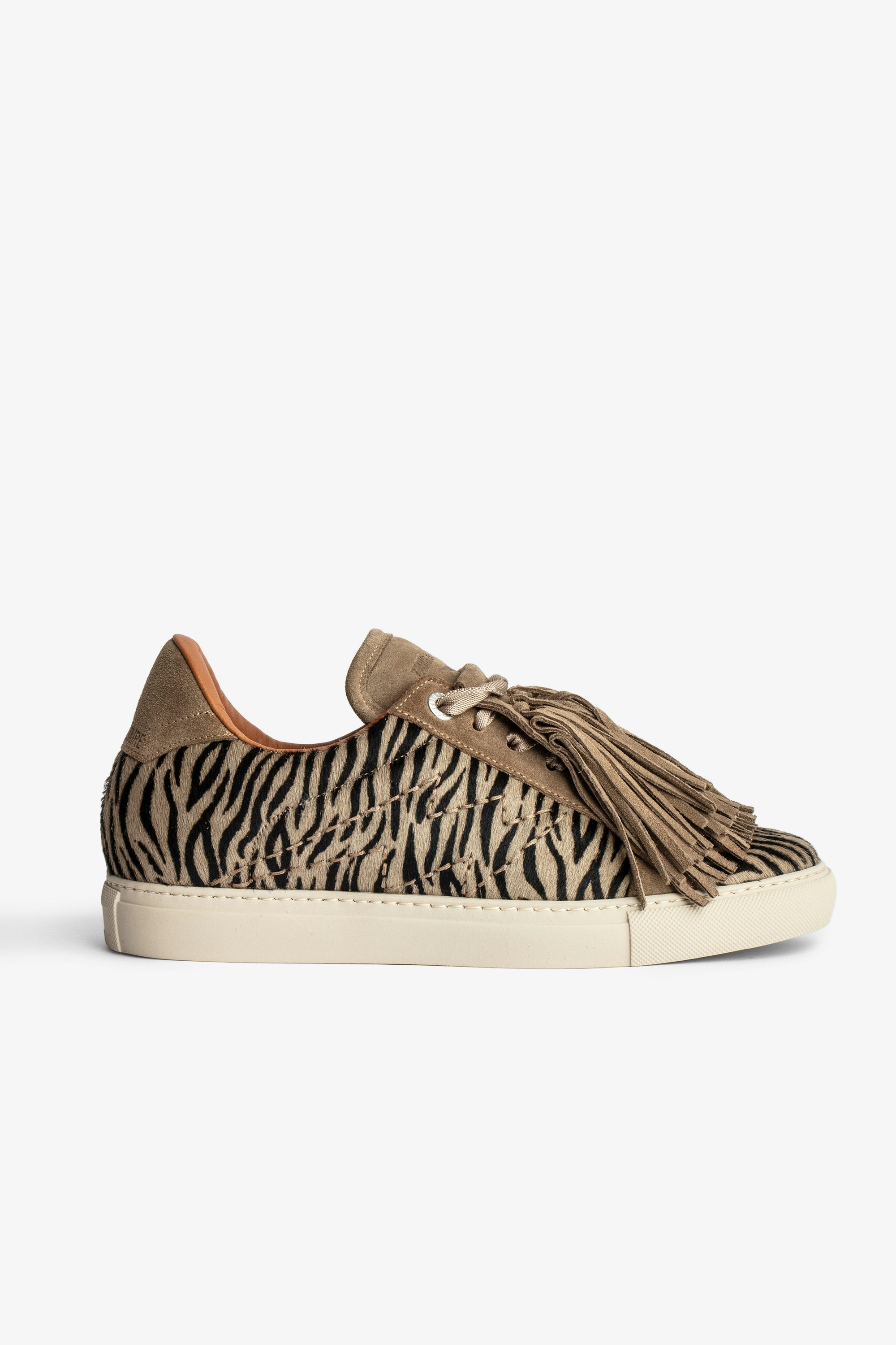 ZV1747 スニーカー Women’s taupe leather low-top sneakers with zebra print and fringing