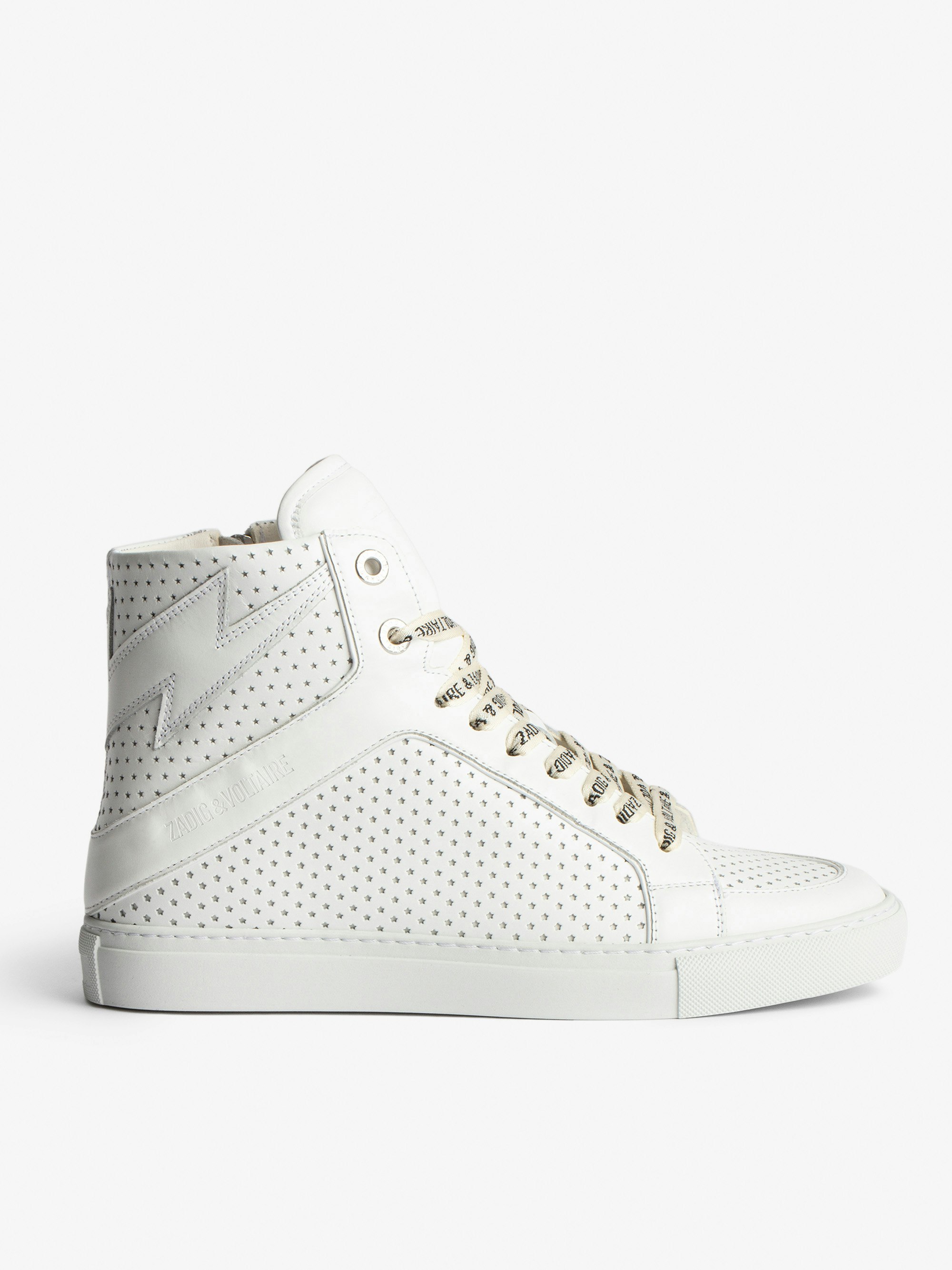 ZV1747 High Flash Smooth Sneakers - Women's high-top sneakers in smooth white leather with perforated stars