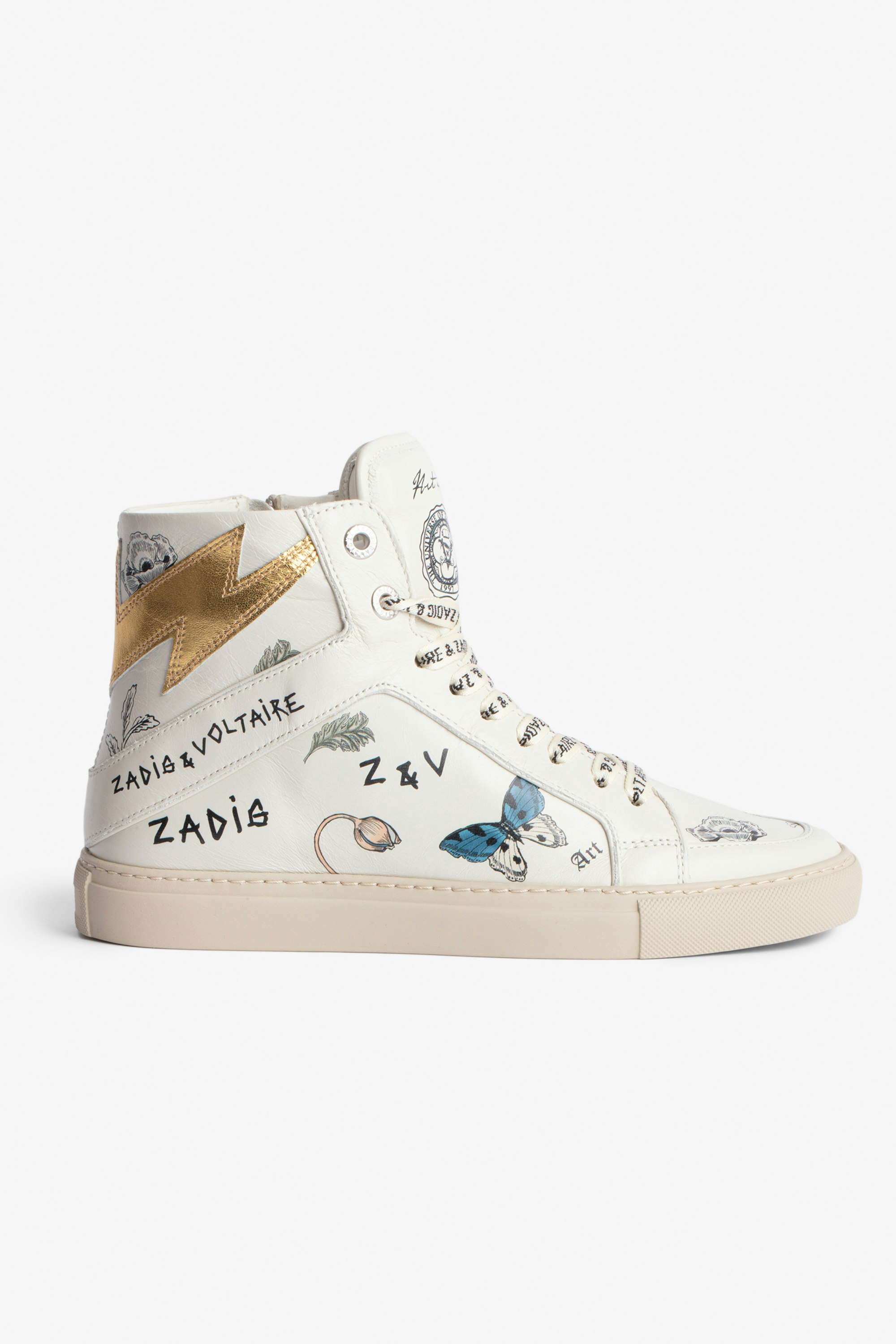 ZV1747 High Flash High-Top Trainers Women's high-top trainers in ecru leather with floral motifs