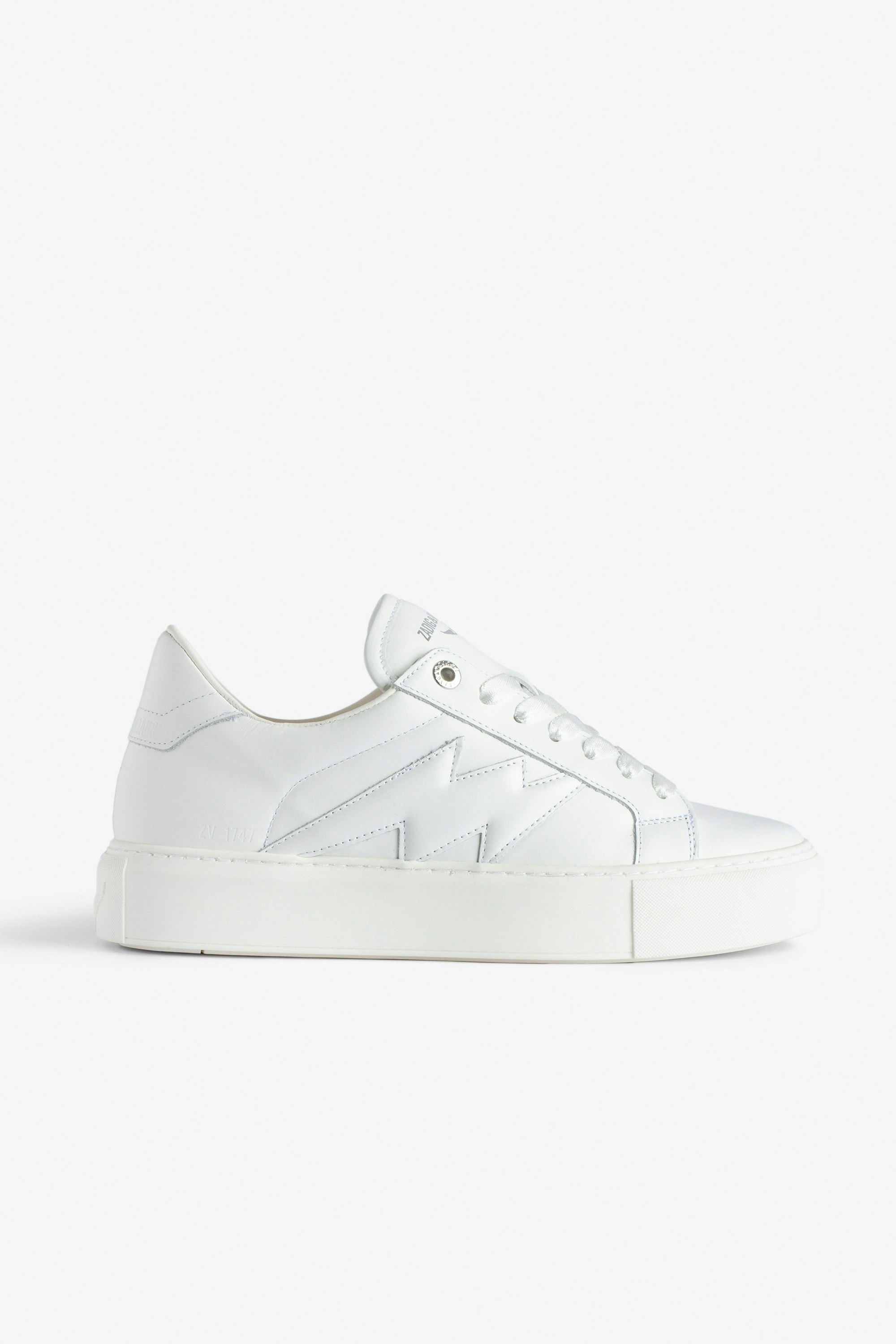 ZV1747 La Flash Low-Top Platform Trainers Women’s white smooth leather low-top trainers with lightning bolt panels and chunky sole.