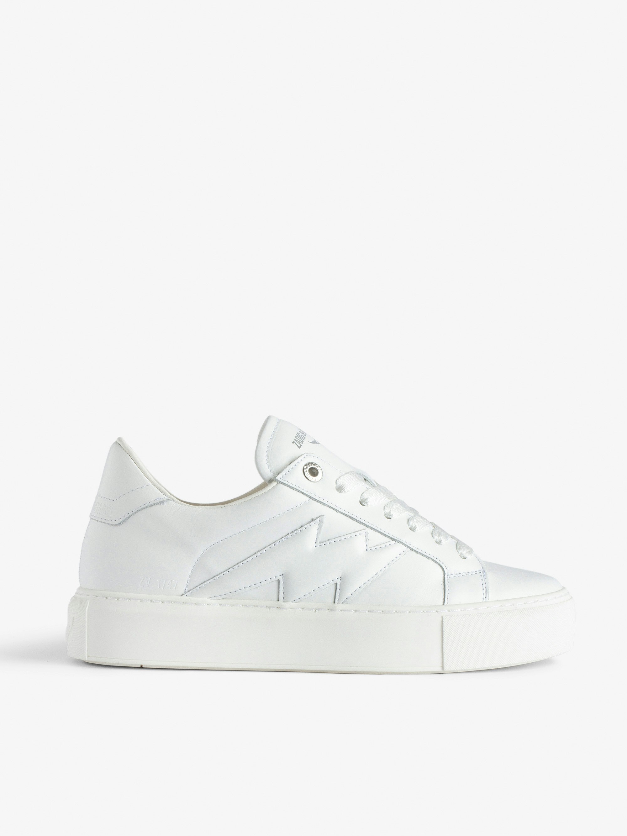 ZV1747 La Flash Low-Top Platform Sneakers - Women’s white smooth leather low-top sneakers with lightning bolt panels and chunky sole.