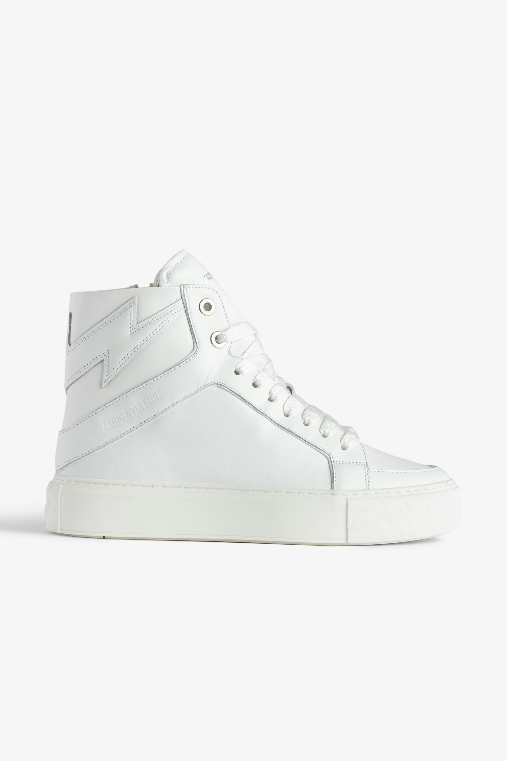 ZV1747 High Flash High-Top Platform Trainers Women’s white smooth leather high-top trainers with lightning bolt panels and chunky sole.