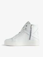 ZV1747 High Flash High-Top Platform Sneakers - Women’s high top white leather sneakers with lightning bolt panels and chunky soles.