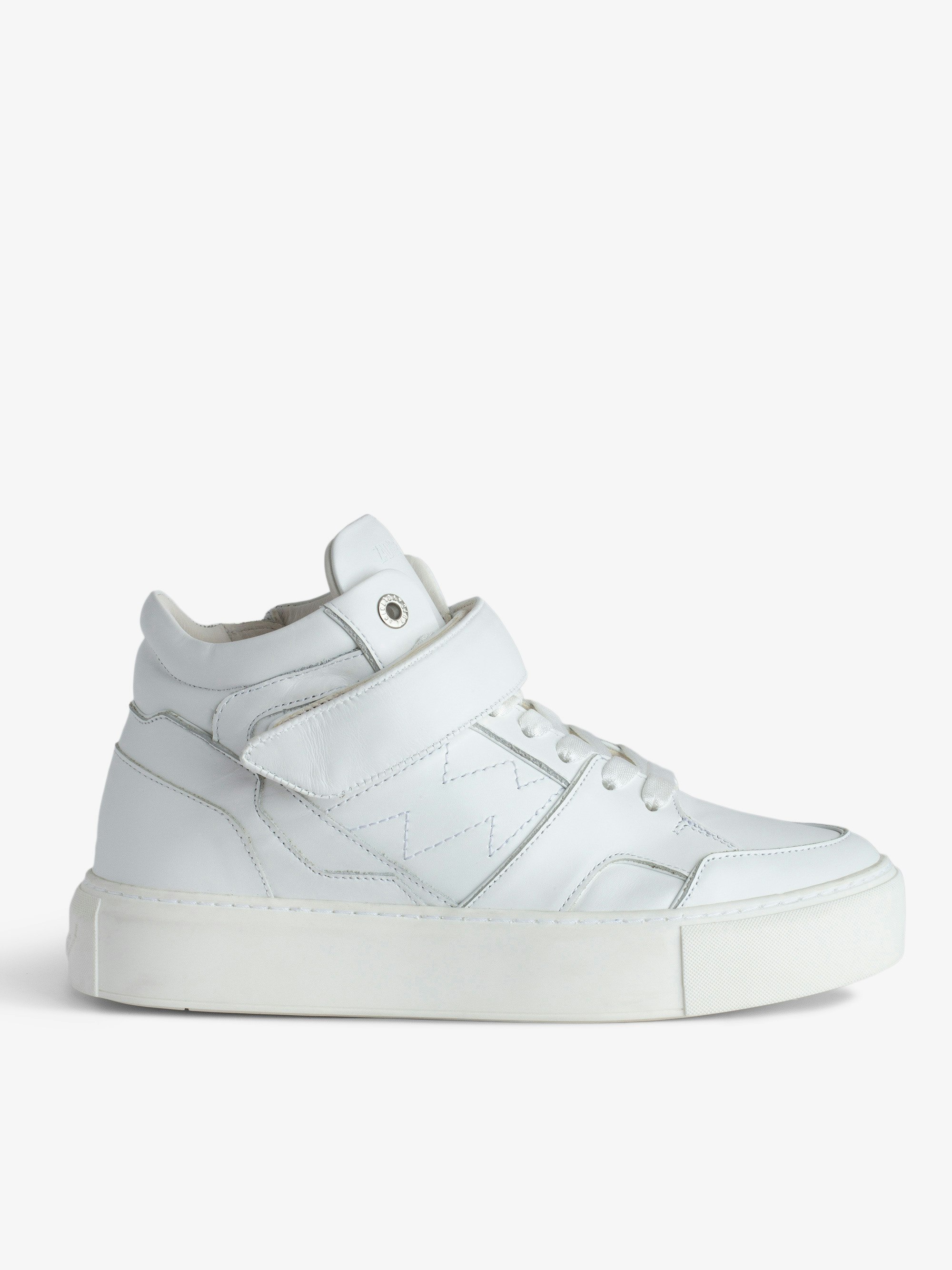 ZV1747 Flash Chunky Mid-Top Sneakers - Women’s white smooth leather mid-top trainers with Velcro fastening, lightning bolt panels and chunky sole.