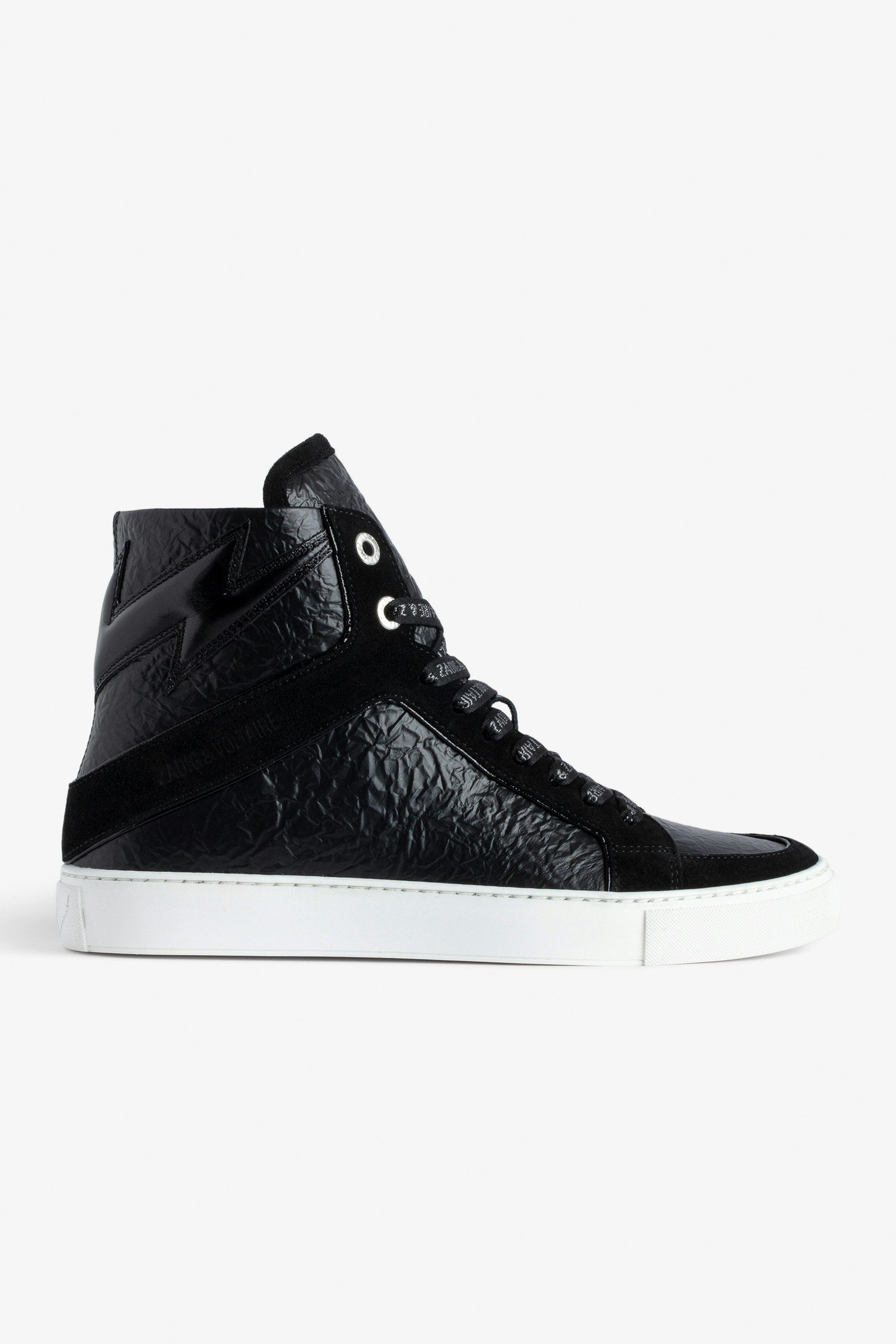 ZV1747 High Flash High-Top Trainers Women’s black distressed leather high-top trainers with lightning bolt and suede panels.