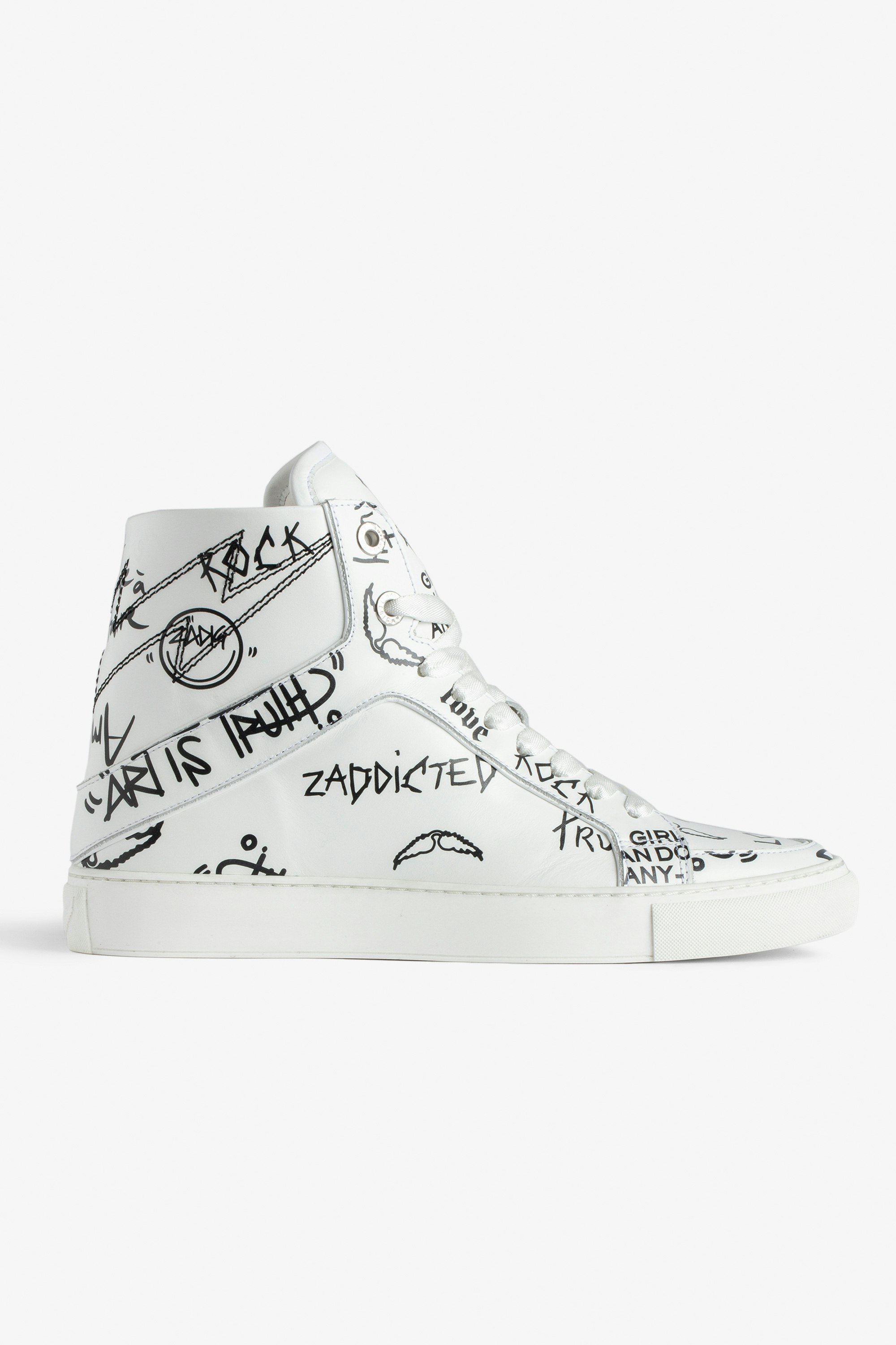 ZV1747 High Flash High-Top Graffiti Sneakers  - Women’s ecru smooth leather high-top sneakers with lightning bolt panels and graffiti.