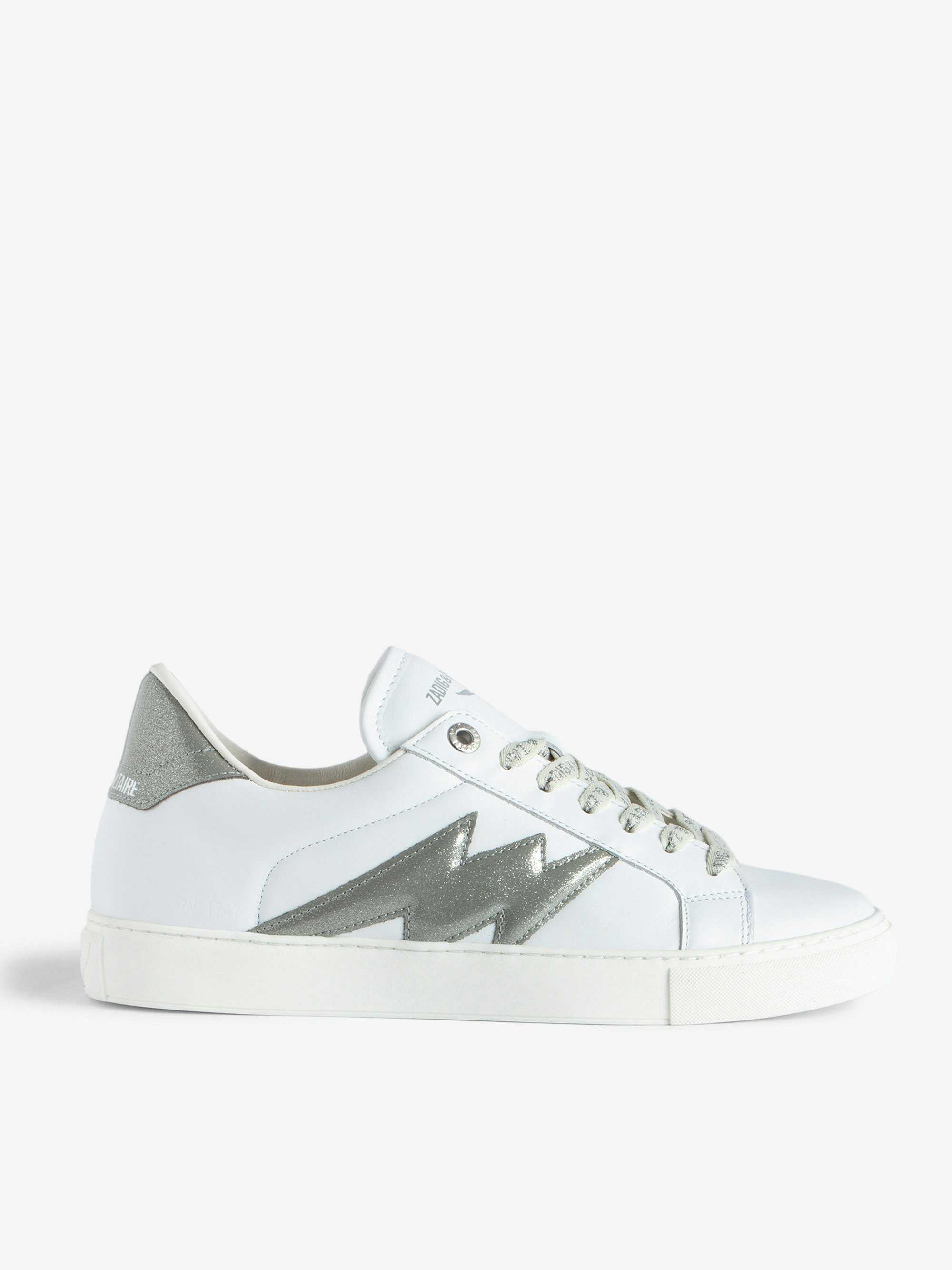 ZV1747 La Flash Low-Top Sneakers - Women’s white smooth leather low-top trainers with lightning bolt panels and silver glitter reinforcement.