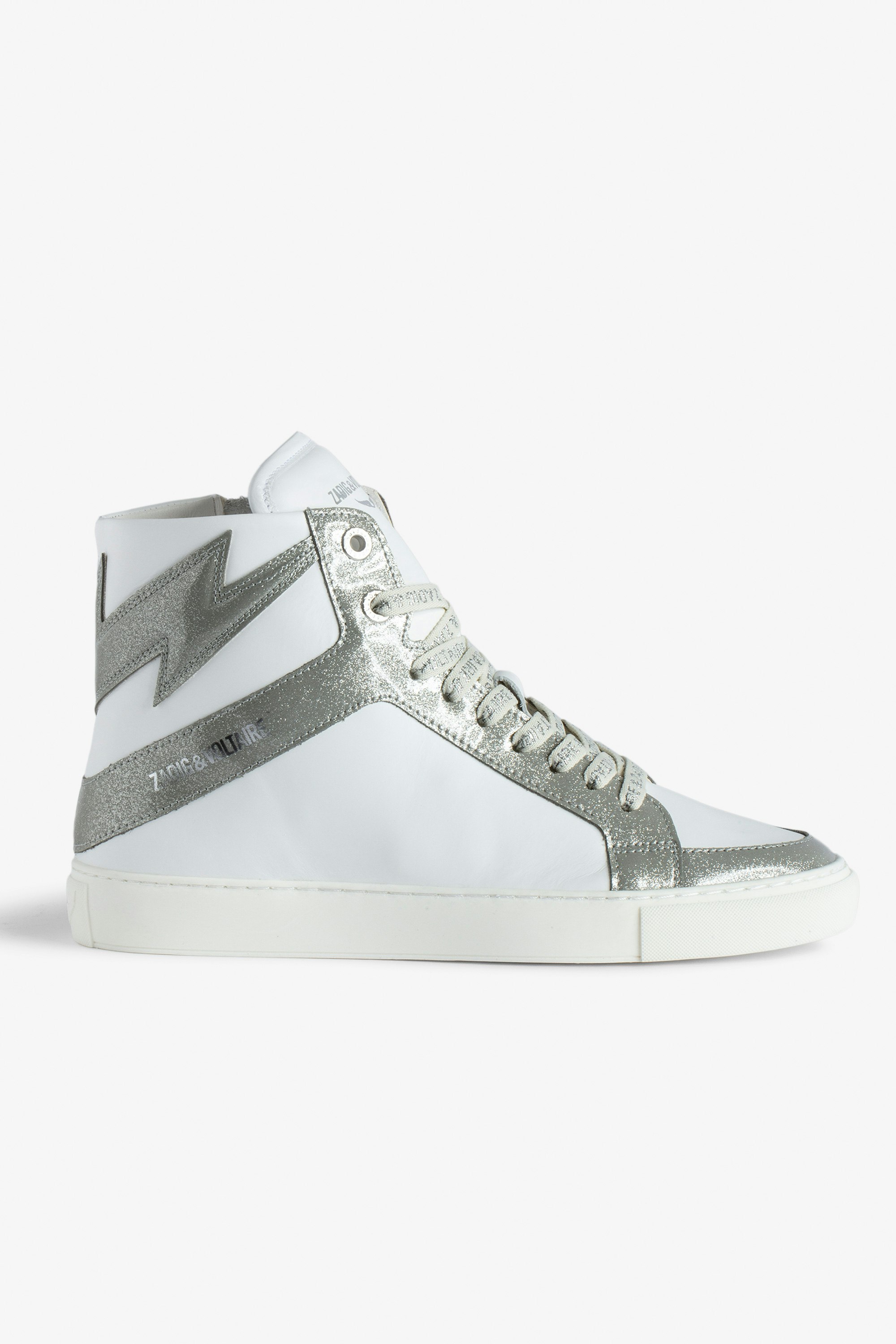 ZV1747 High Flash High-Top Trainers - Women’s smooth leather and silver glitter high-top trainers with lightning bolt panel.