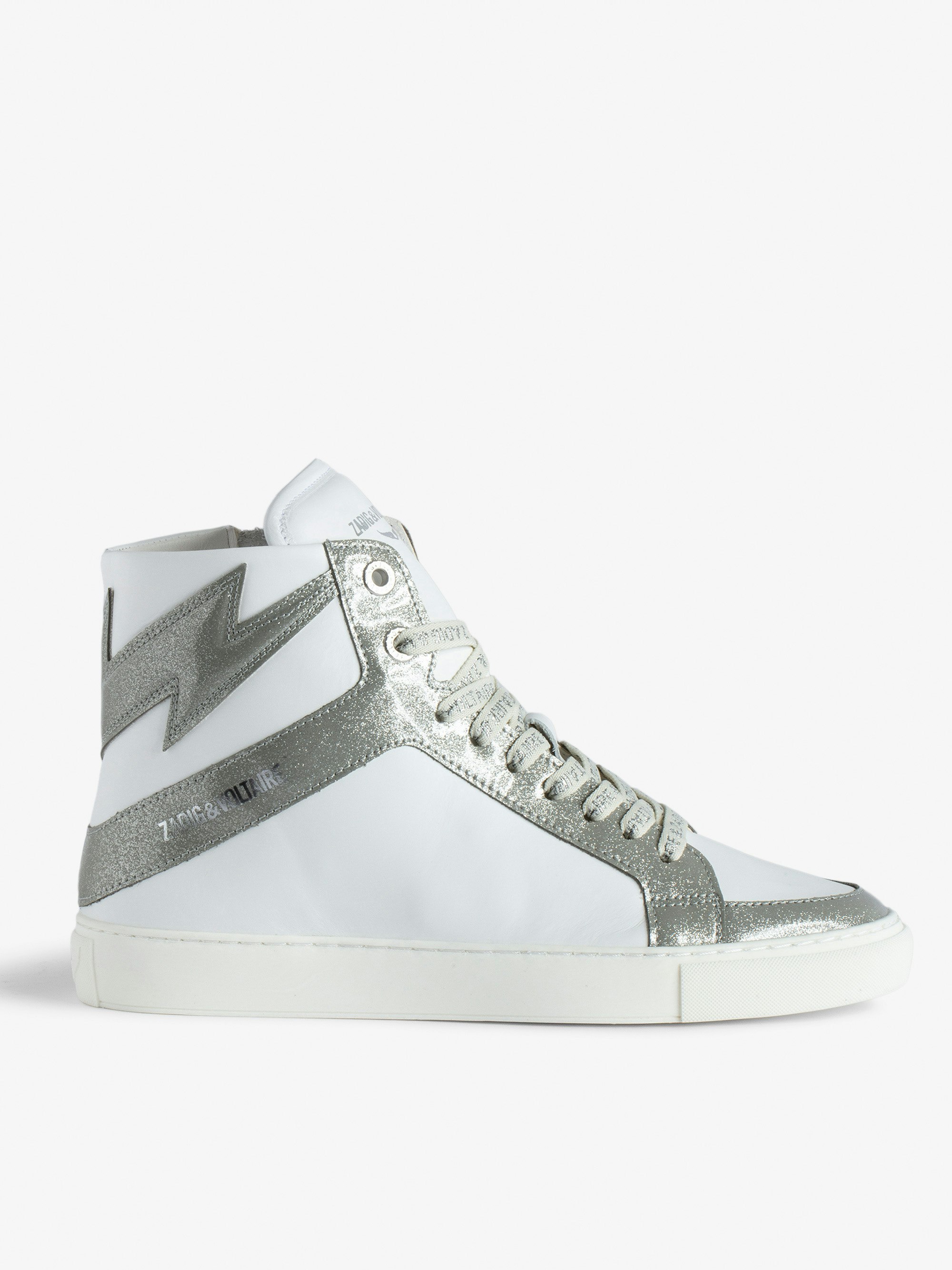 ZV1747 High Flash High-Top Infinity Patent Trainers - Smooth leather and silver glitter high-top trainers with lightning bolt panel.