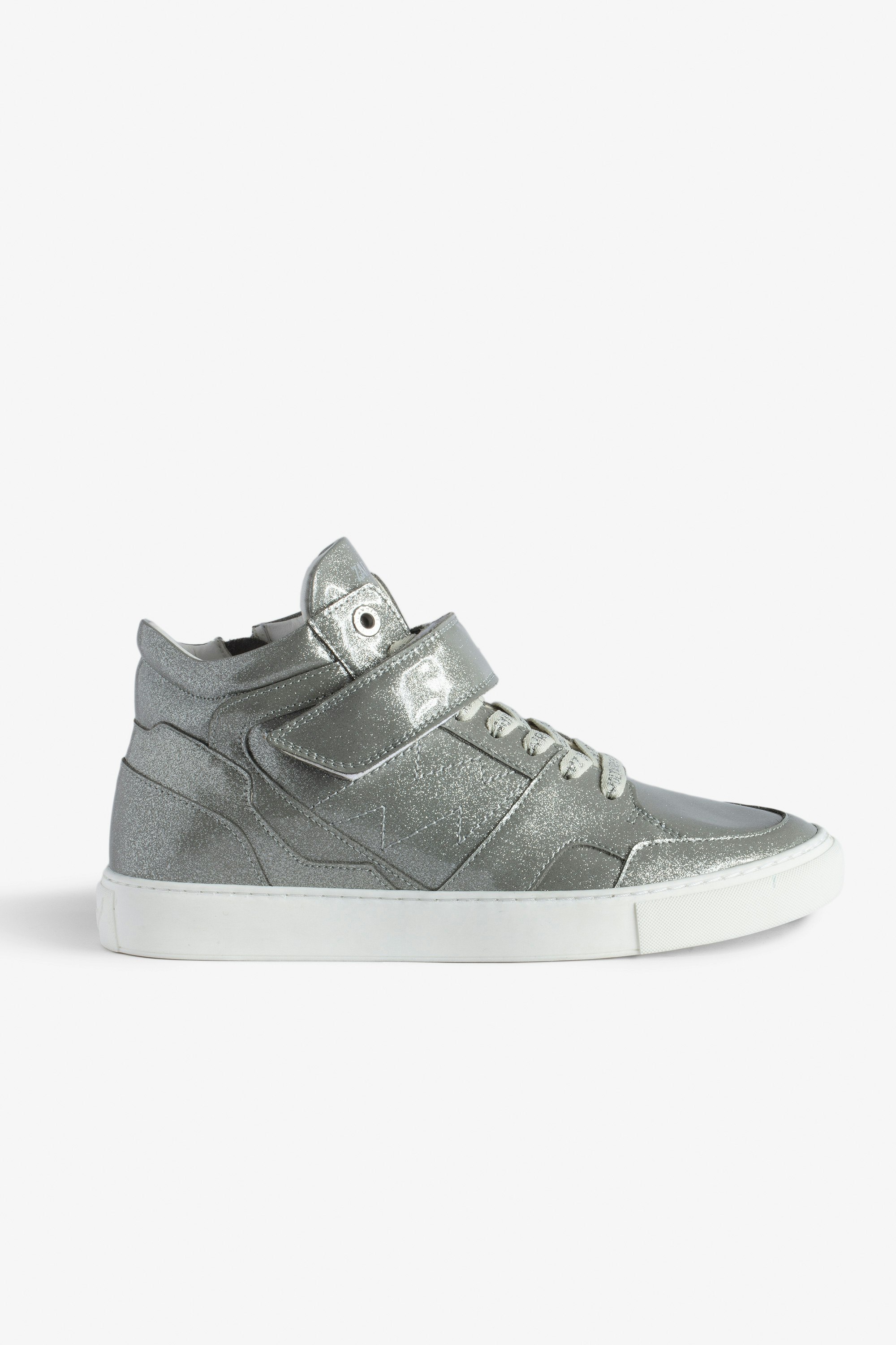 ZV1747 Mid Flash  Infinity Patent Trainers - Smooth leather and silver glitter mid-top trainers with panels and Velcro fastening.