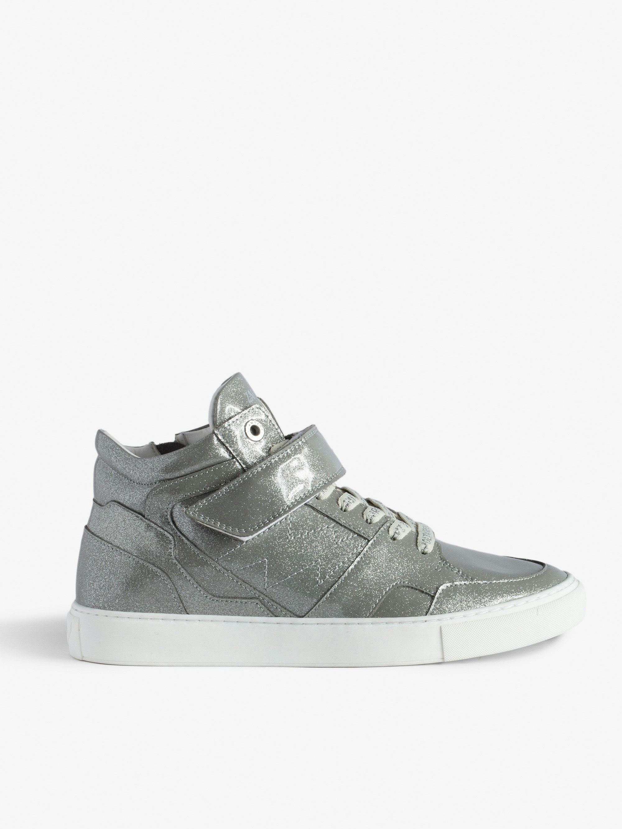 ZV1747 Mid Flash  Infinity Patent Trainers - Smooth leather and silver glitter mid-top trainers with panels and Velcro fastening.