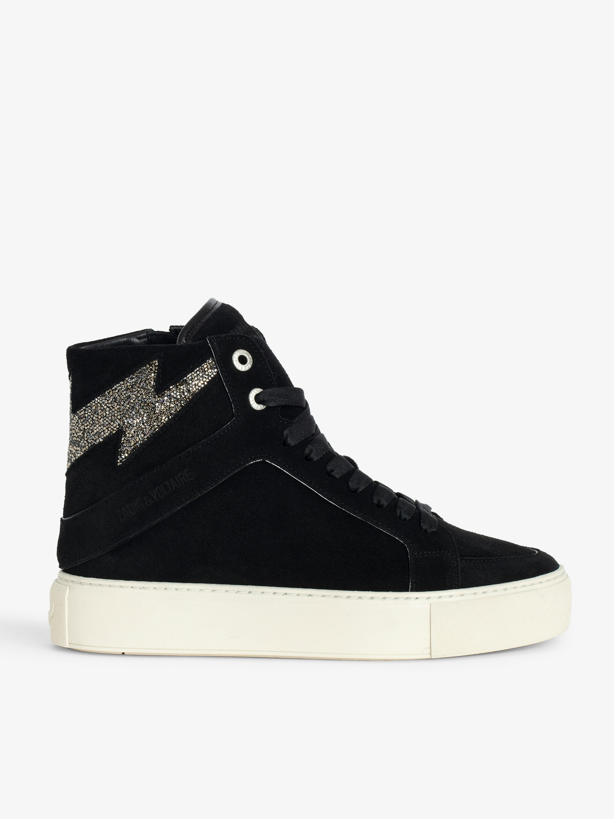 ZV1747 High Flash Chunky High-Top Sneakers - Black suede high-top sneakers with chunky sole and lightning bolt panels embellished with Swarovski crystals.