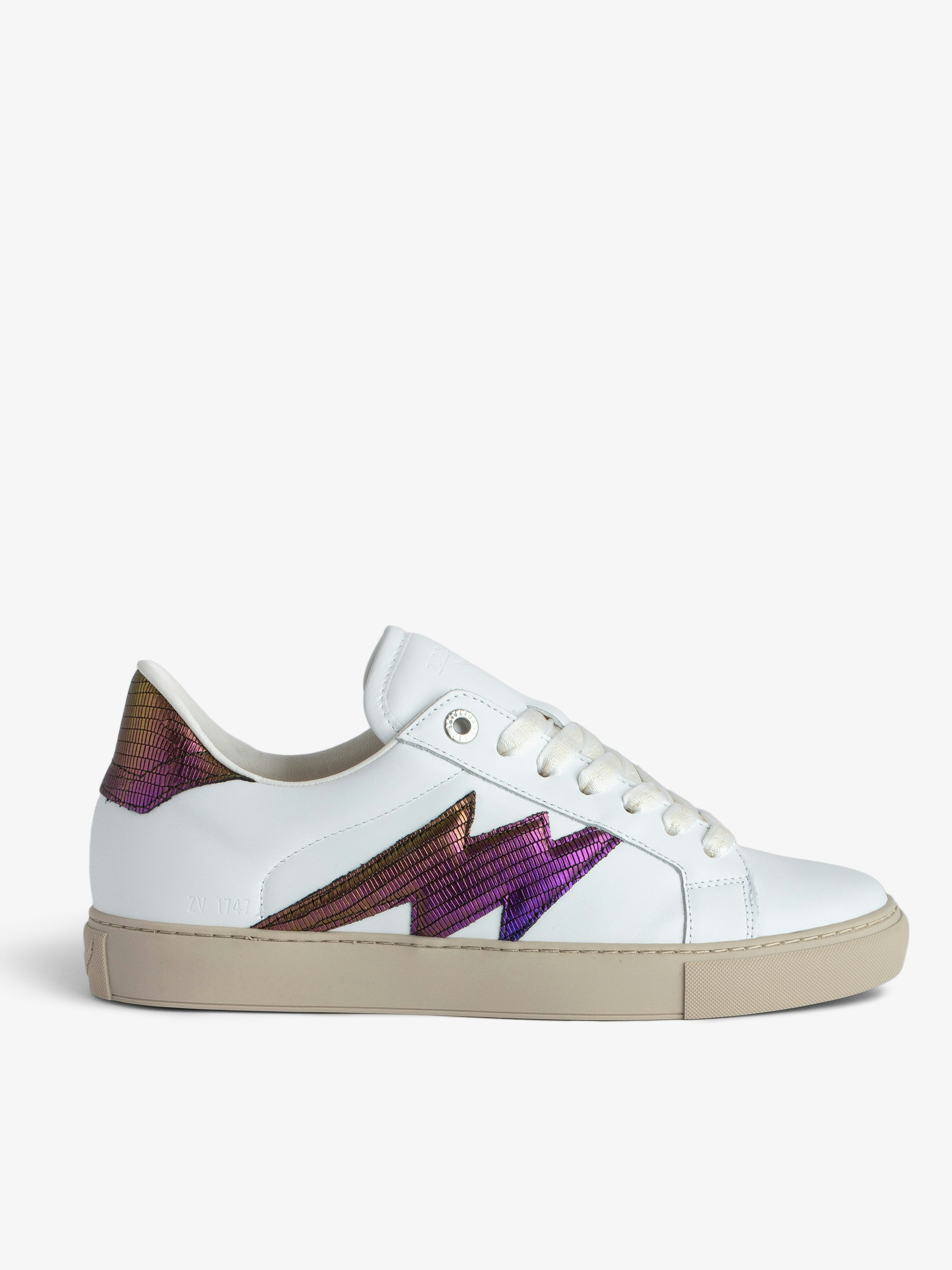 ZV1747 La Flash Embossed Metallic Low-Top Trainers - Ecru smooth leather low-top trainers with lightning bolt and rainbow iguana-embossed metallic reinforcement.