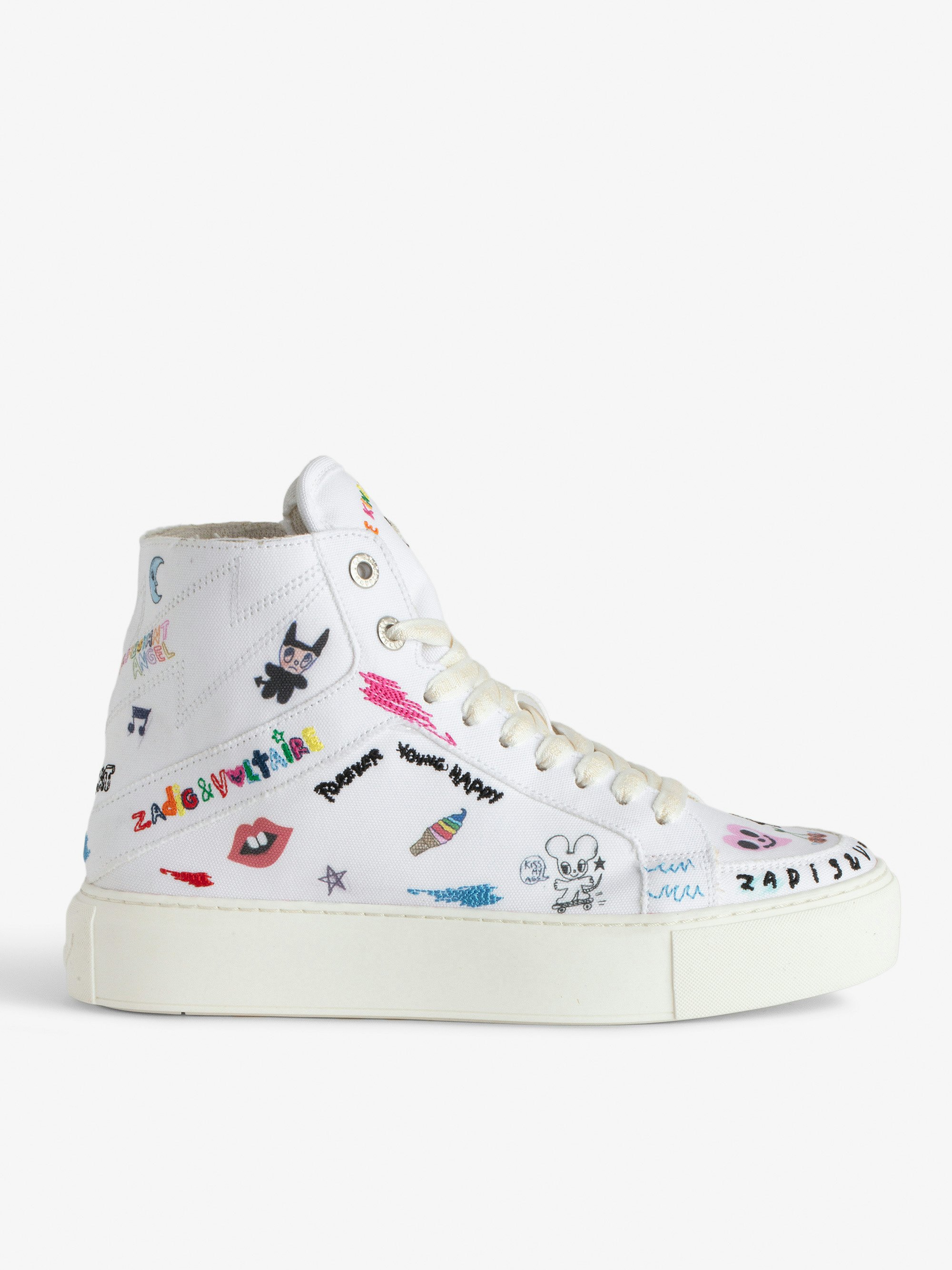 ZV1747 High Flash Chunky High-Top Sneakers - White canvas high-top trainers with chunky sole and customized details designed by Humberto Cruz.