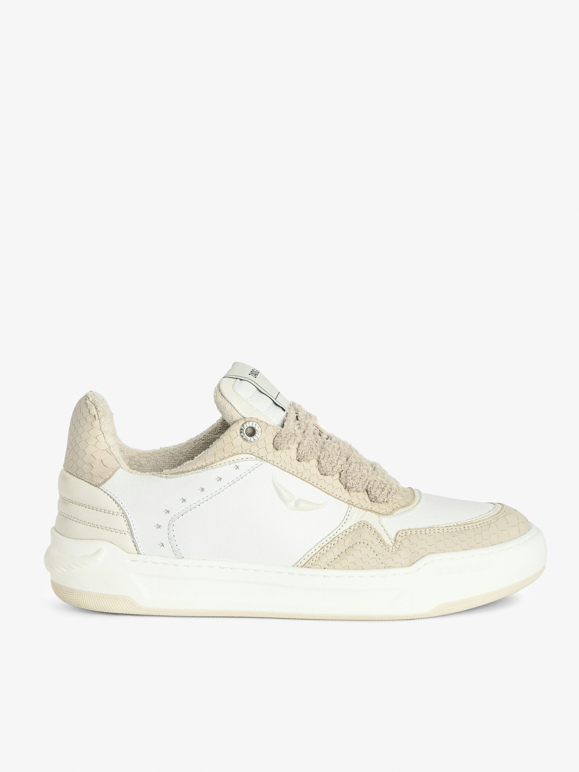 Sneakers Basse Wings - Sneakers basse in pelle liscia bianca, con inserti in pelle vintage color crema e pelle con effetto serpente in rilievo colore crema, firme ad ali.  Queste sneakers sono realizzate con materiali a impatto ambientale ridotto.