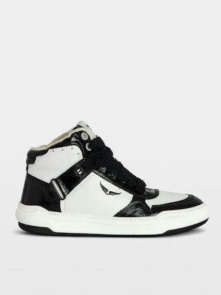 High Wings Trainers - High-top trainers in smooth white leather, with black vintage leather inserts and signature wings. These trainers are made with materials that have a reduced environmental impact.