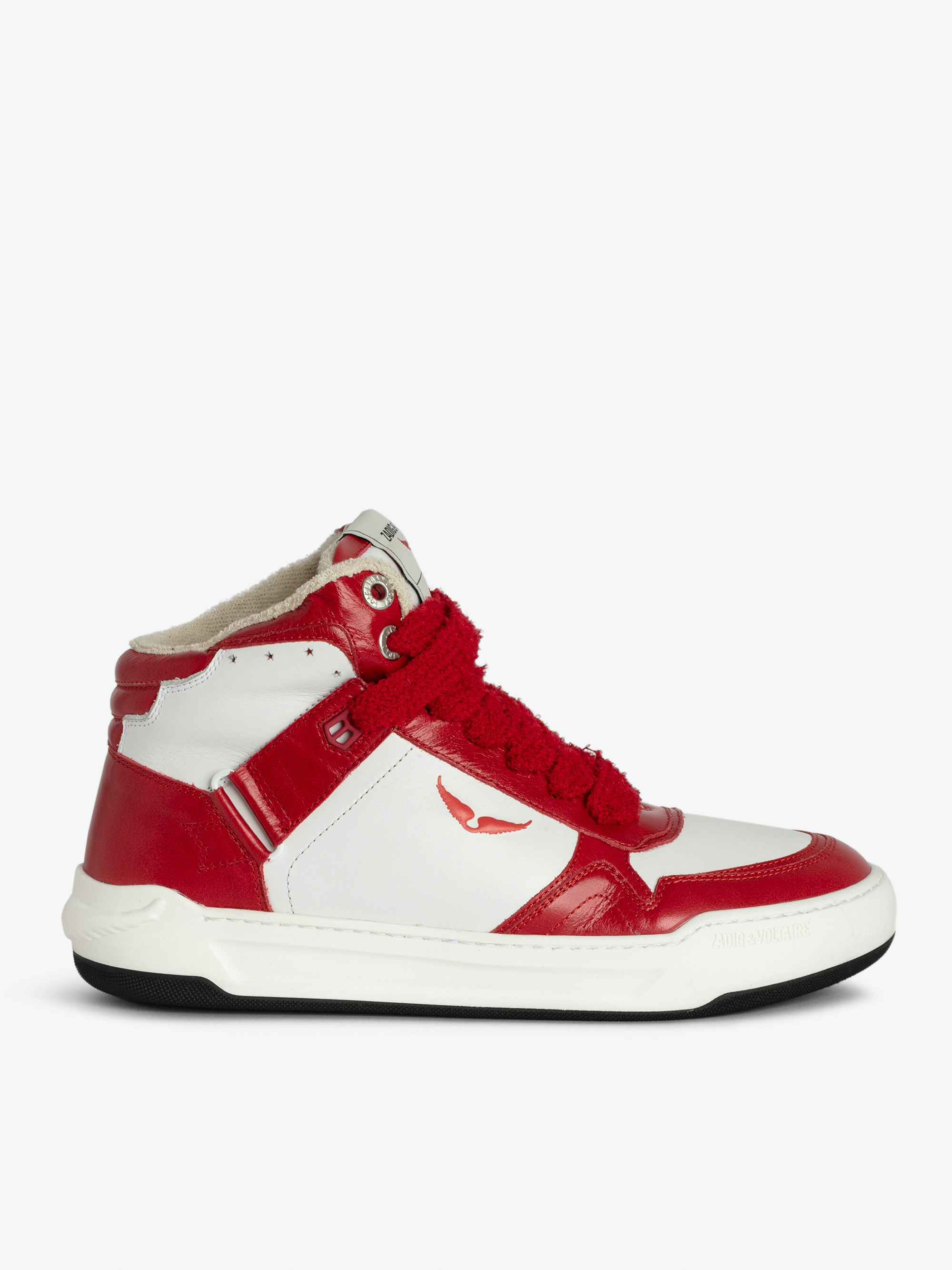 Sneakers Alte High Wings - Sneakers alte in pelle liscia bianca, con inserti in pelle vintage rossa e firme ad ali.  Queste sneakers sono realizzate con materiali a impatto ambientale ridotto.