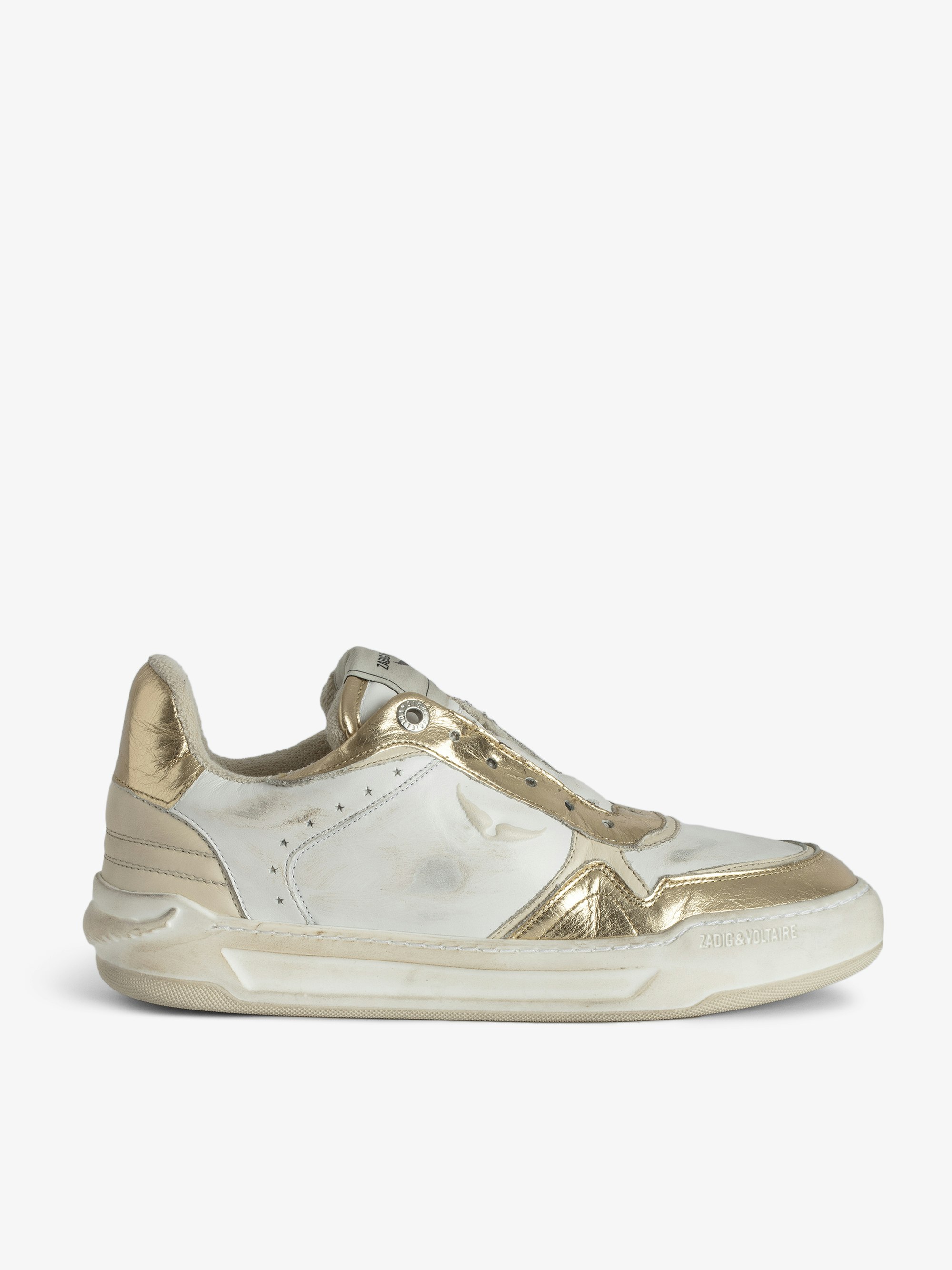 Low-Top Wings Sneakers - Low-top sneakers with worn effects in smooth leather and metallic crinkled leather with high-frequency wing signatures and elastic closure.