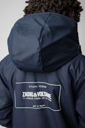 Manteau Dylan Enfant - Veste longue boutonnée et à capuche bleu marine ornée d'une inscription au dos enfant