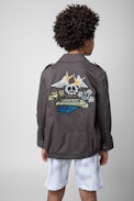 Kinderjacke Kido - Military-Kinderjacke aus grauer Baumwolle mit Totenkopf-Stickerei auf dem Rücken