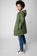 Dylan Kids' Waxed Coat - Kids’ khaki water-repellent hooded raincoat featuring an illustration on the back