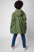 Dylan Kids' Waxed Coat - Kids’ khaki water-repellent hooded raincoat featuring an illustration on the back
