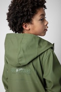 Dylan Kids' Waxed Coat - Kids’ khaki water-repellent hooded raincoat featuring an illustration on the back