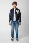 Benet Boys’ Bomber - Boys’ navy blue leather and wool bomber with V badge.