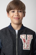 Benet Boys’ Bomber - Boys’ navy blue leather and wool bomber with V badge.