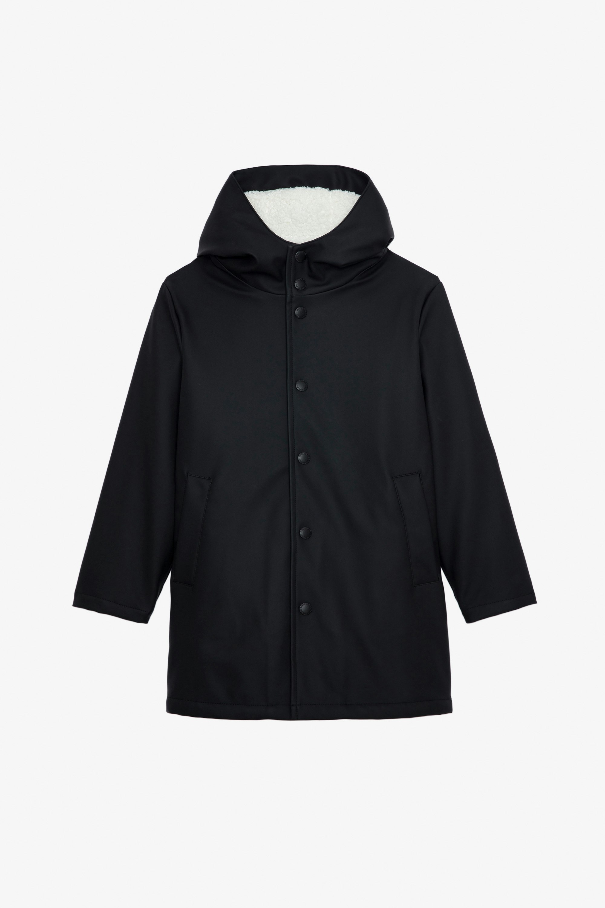 Dylan Boys’ Waxed Raincoat Boys’ black water-repellent hooded waxed raincoat with lining and arrow motifs on the back.