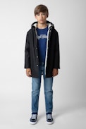 Dylan Boys’ Waxed Raincoat - Boys’ black water-repellent hooded waxed raincoat with lining and arrow motifs on the back.