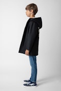 Dylan Boys’ Waxed Raincoat - Boys’ black water-repellent hooded waxed raincoat with lining and arrow motifs on the back.