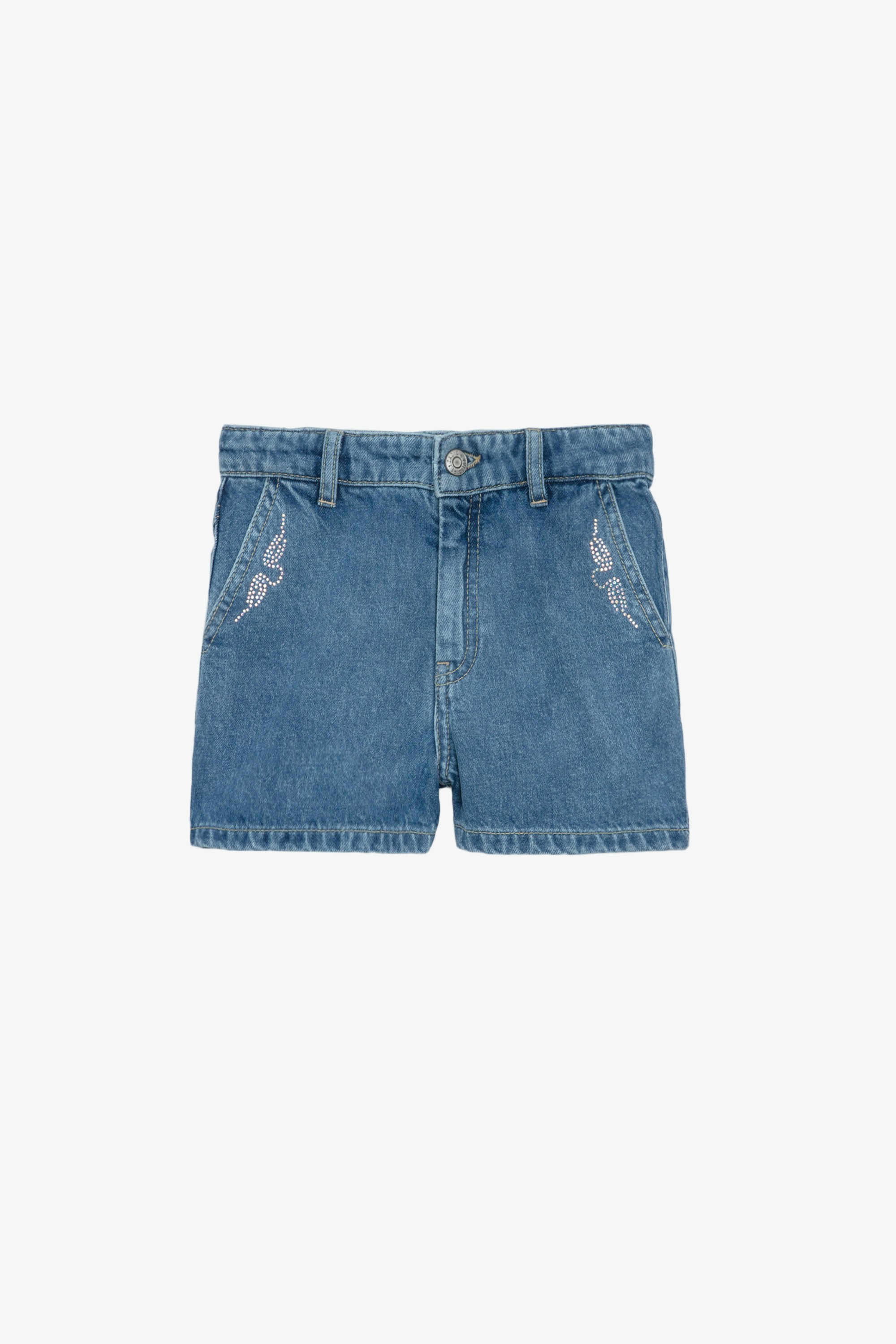 Elle Girls’ Shorts - Girls’ blue denim shorts with diamanté wings.
