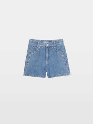 Shorts Elle Denim Girl - Denim shorts with front patch pockets, rhinestones and studs along the seams. Adjustable waist up to age 10.