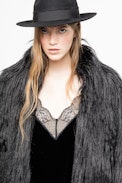 Frida Coat - Women’s long black faux fur coat