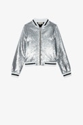 Kids' Benet Bomber Jacket - Kids' grey bomber jacket with sequinned signature on the back