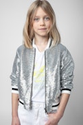 Kids' Benet Bomber Jacket - Kids' grey bomber jacket with sequinned signature on the back