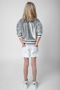 Kids' Benet Bomber Jacket - Kids' grey bomber jacket with sequinned signature on the back