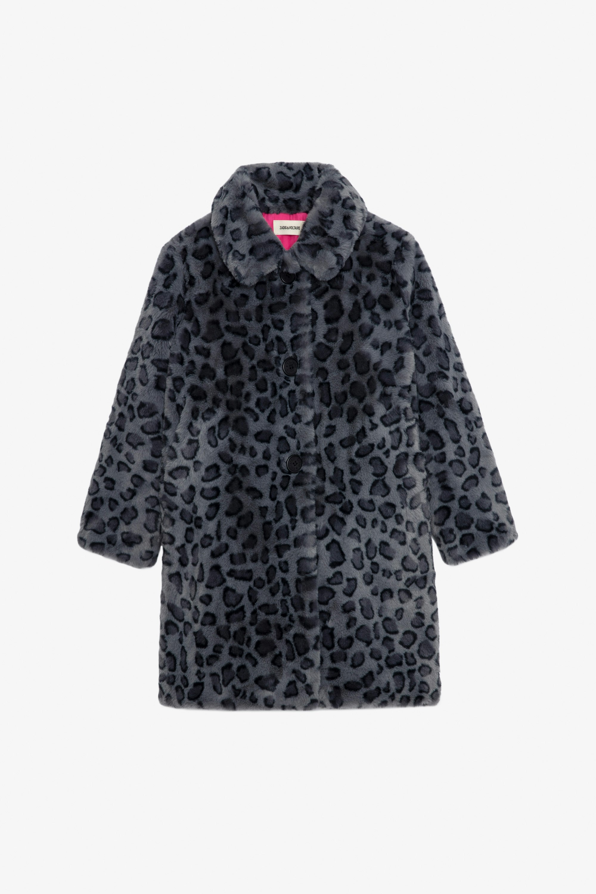 Manteau Madeleine Fille - Manteau en polaire noire imprimé léopard et doublure contrastée fille.