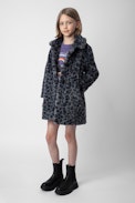Madeleine Girls’ Coat - Girls’ black leopard-print fleece coat with contrasting lining.